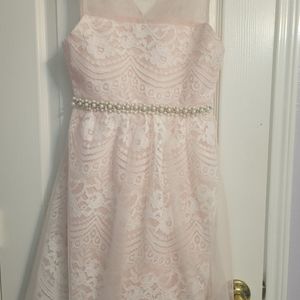 Delicate pink lace dress, pearls and crystal embellished